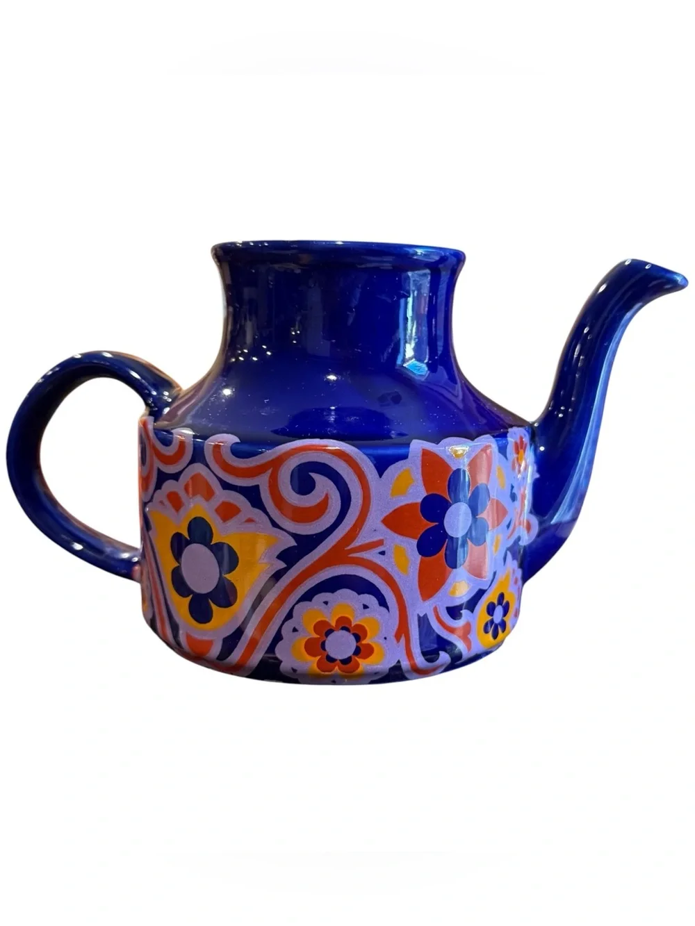 Vintage Collectible Arthur Wood Cobalt Blue Modern Floral Print (5) Cup Tea Pot